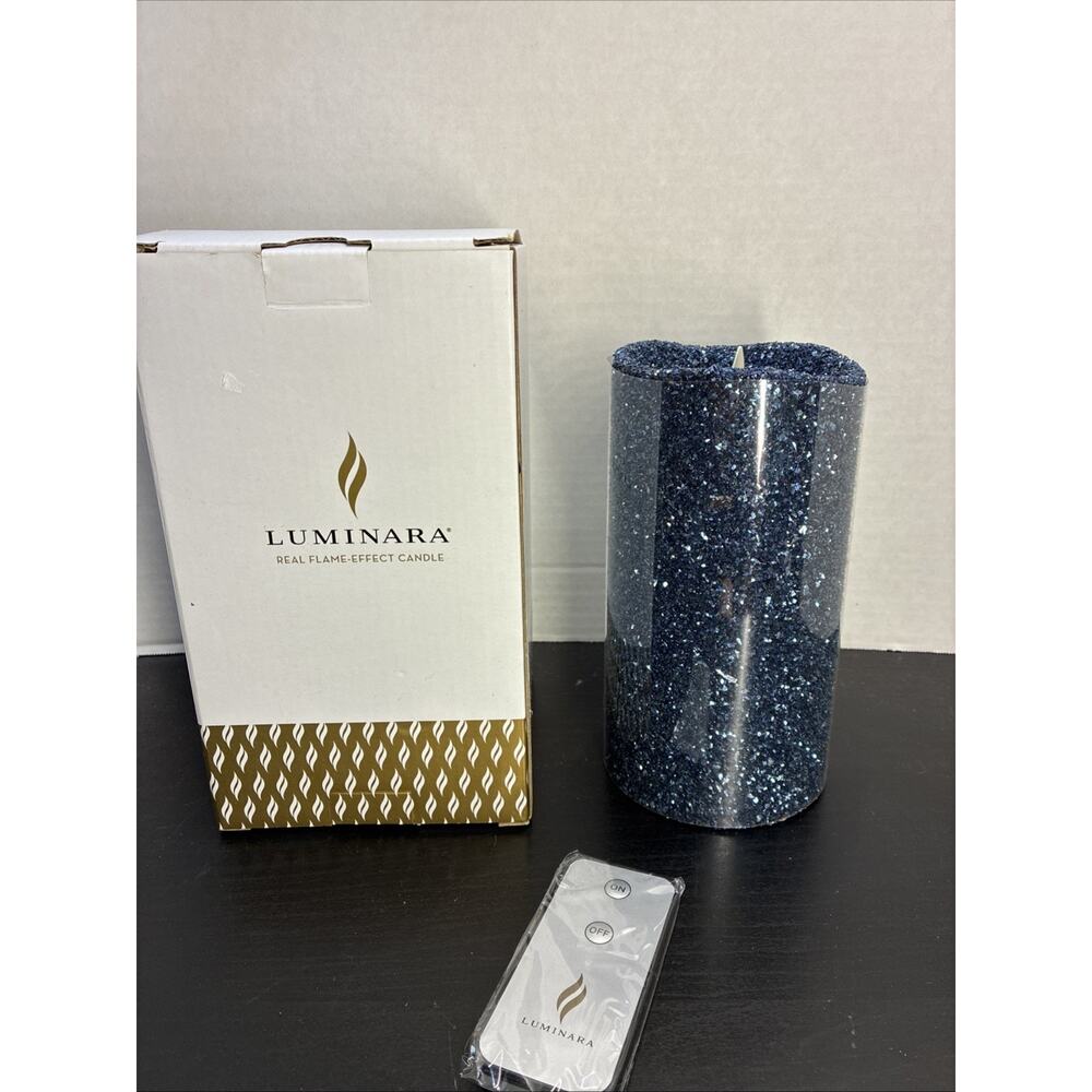 LUMINARA 7 Inch Blue Glitter Flameless Pillar Candle With Remote